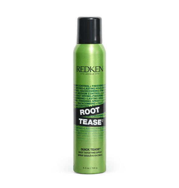 Green 250 ml can of Redken Root Tease spray with black design elements and lid