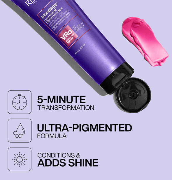 Bottle and sample of Redken Rose Blonde Color-Depositing Mask is captioned, "5-minute transformation; Ultra-pigmented formula; Conditions & adds shine"
