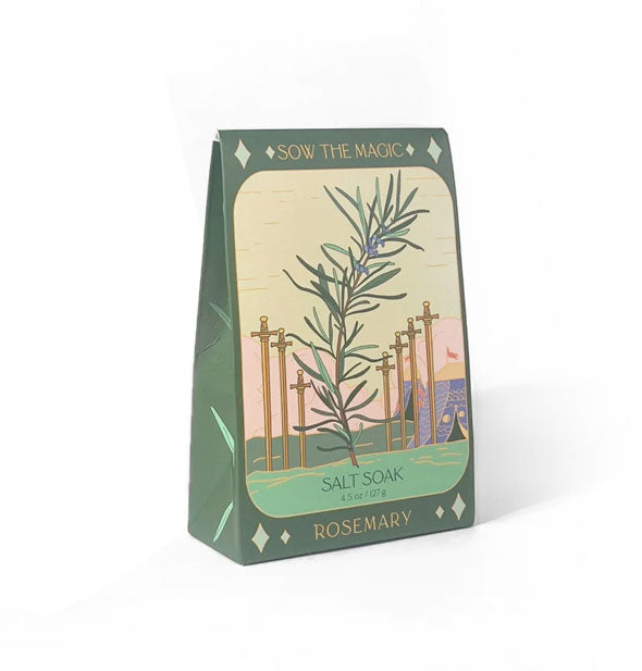 Green packet of Roemary Salt Soak features tarot-themed illustration of golden swords and a giant sprig of rosemary