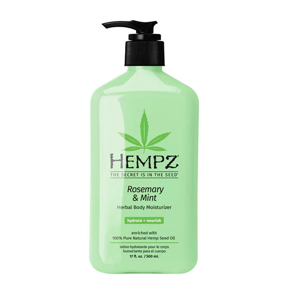 Green 17 ounce bottle of Hempz Rosemary & Mint Herbal Body Moisturizer with black pump nozzle