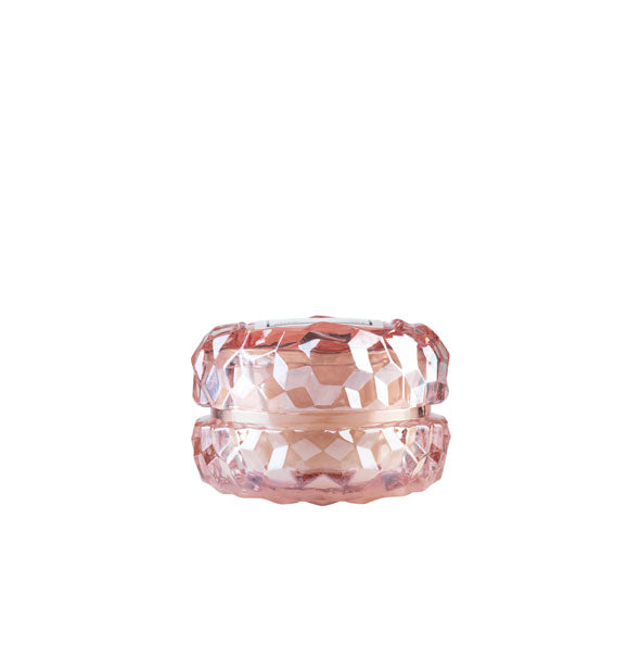 Macaron-shaped candle jar with textured pink glass