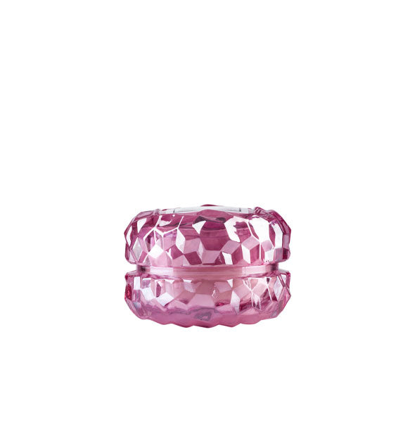 Macaron-shaped candle jar with textured purple-pink glass