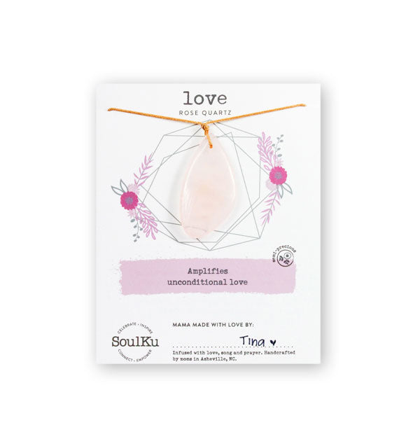 Light-colored rose quartz stone Love necklace on SoulKu product card that says, "Amplifies unconditional love"