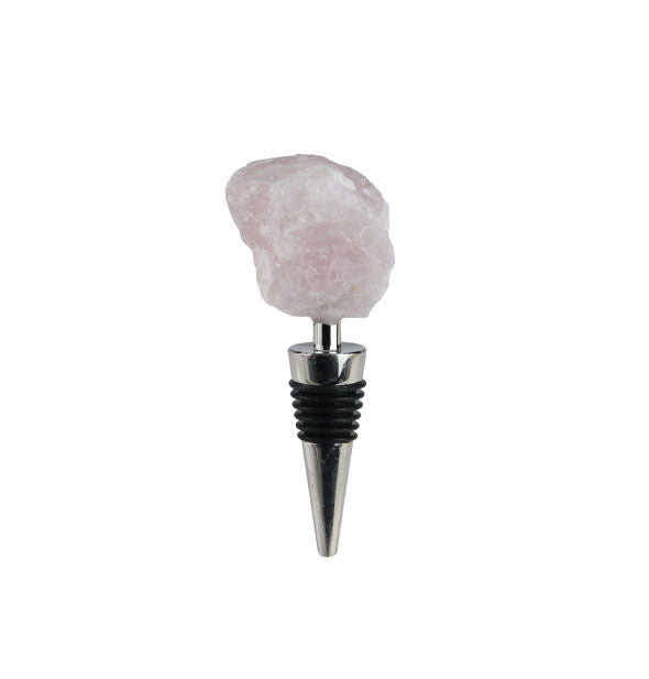 Metallic bottle stopper with black ridged silicone seal and a raw rose quartz topper