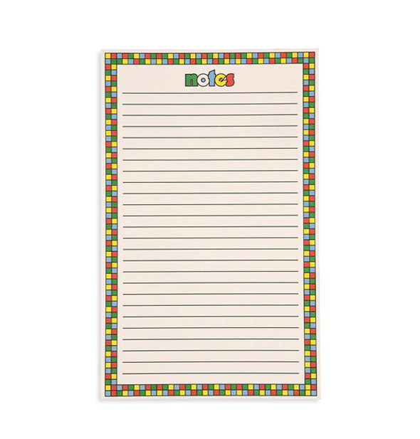 Light tan lined notepad with colorful checkered border says "Notes" at the top in colorful lettering