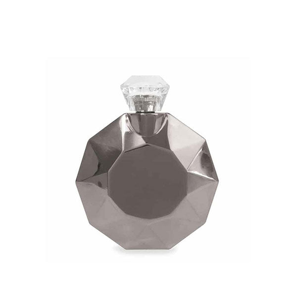 Round metallic silver faceted flask with clear beveled cap