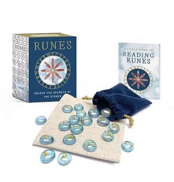 Blue glass runes stones with cloth, drawstring bag, booklet, and box