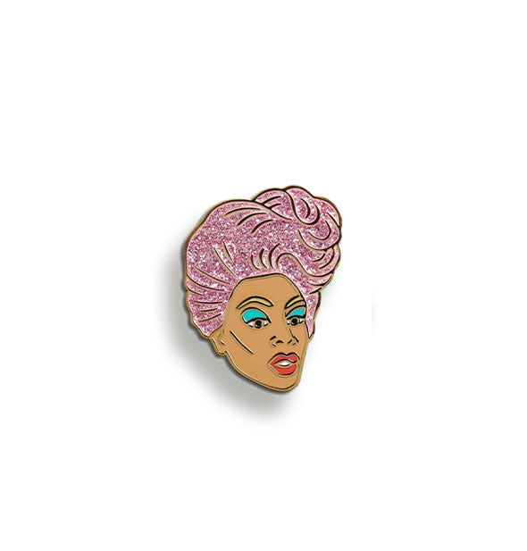 RuPaul enamel pin with purple sparkly bouffant hair, blue eyeshadow, and red lips