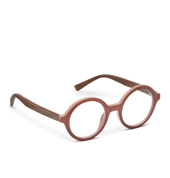 Round terracotta-colored glasses with wood arms
