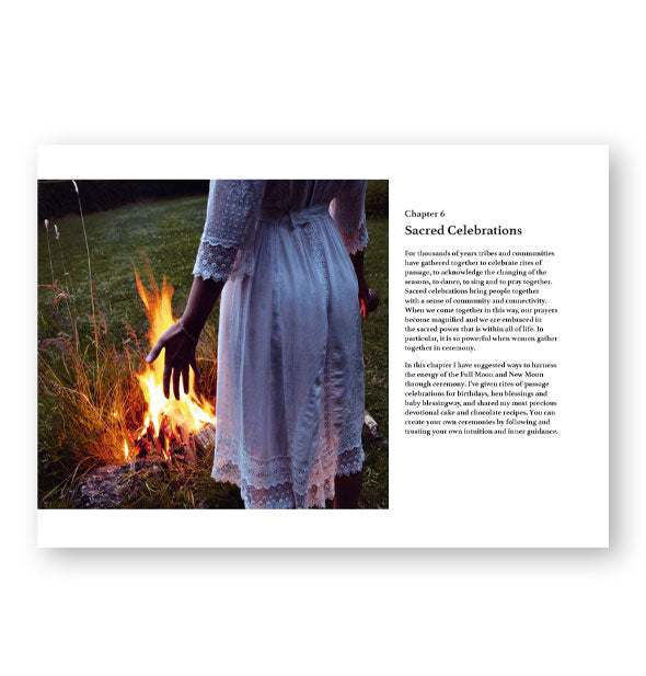 Page spread from Sacred Self-Care features chapter 6: "Sacred Celebrations" alongside a photograph of a woman in an embroidered white dress standing next to an outdoor fire with palms facing toward the flame