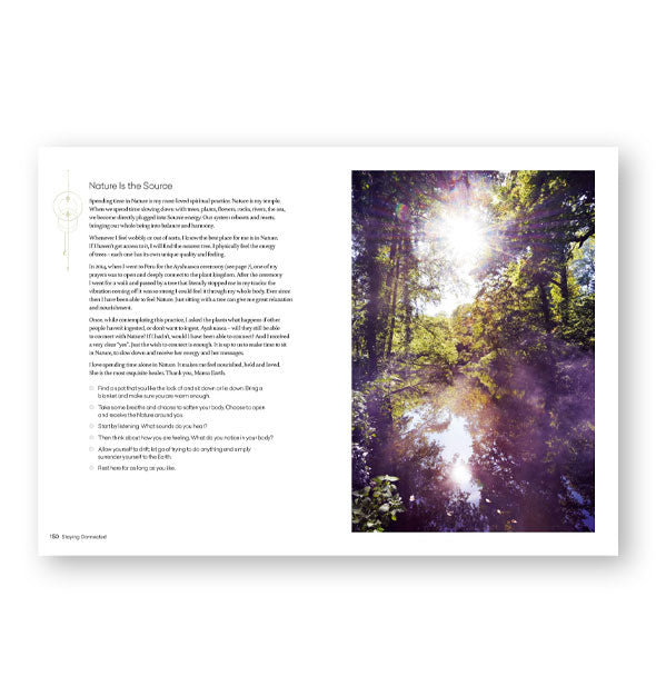 Page spread from Sacred Self-Care features a section titled, "Nature Is the Source" alongside a sunlit forest photograph