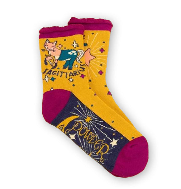 Pair of Sagittarius socks by Powder feature astrology-themed fox archer design