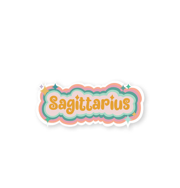 Sagittarius sticker with colorful striped border and star accents