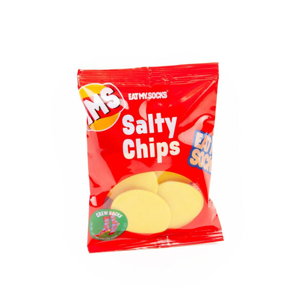 Red bag of socks folded to resemble "Salty Chips" through window in packaging