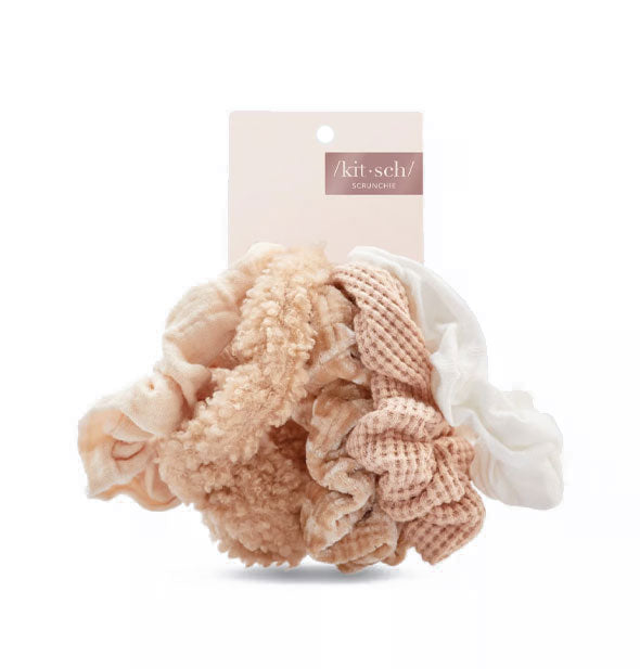 Set of five fabric hair scrunchies by Kitsch in varying textures and light, neutral shades