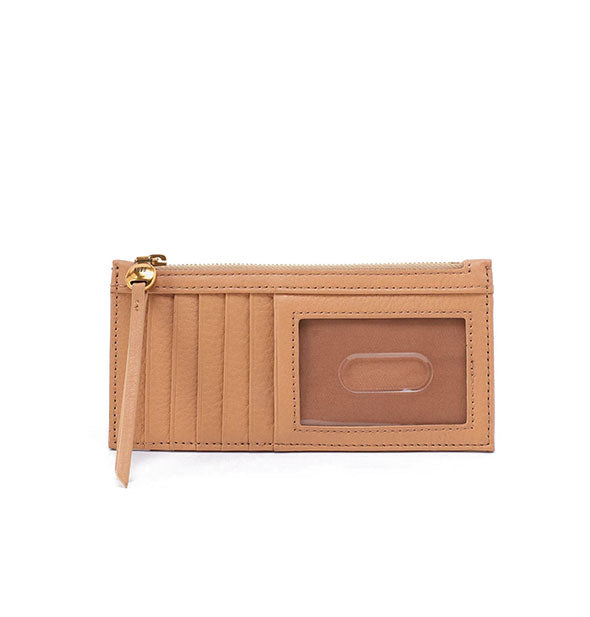 Rectangular tan leather card case wallet with card slots, ID window, and top zipper with gold hardware and matching elongated leather pull tab