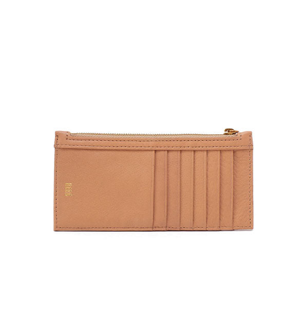Rectangular tan leather card case with card slots, gold Hobo logo, and top zipper with gold hardware