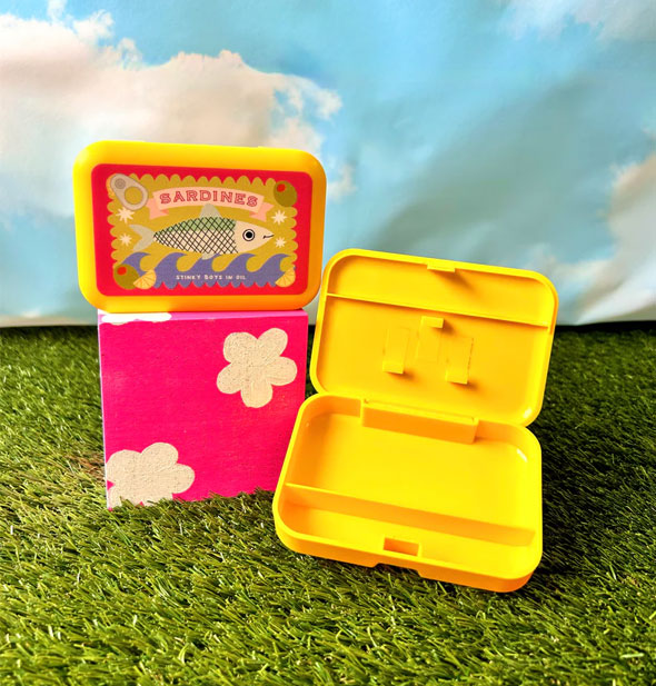 Sardines stash boxes shown opened and closed on a green astroturf and blue sky with clouds backdrop staged with a pink floral printed box