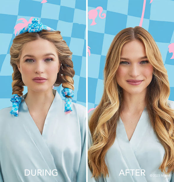 Model demonstrates use of the Kitsch Barbie edition Satin Heatless Curling Set at left with results shown at right