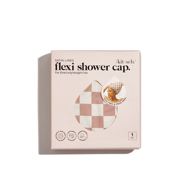 Checker print Satin-Lined Flexi Shower Cap in Kitsch packaging is partially visible through a teardrop-shaped window