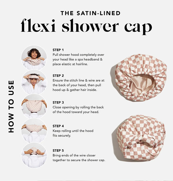 Instructions for use of the Satin-Lined Flexi Shower Cap with photographs