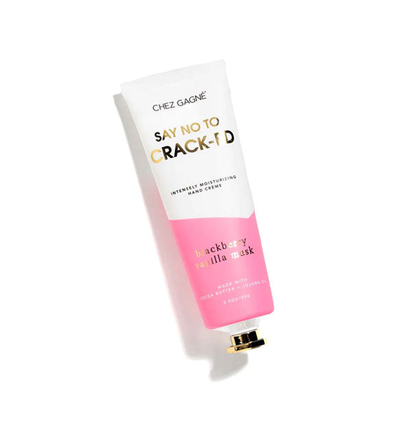 White and pink 5 ounce tube of Blackberry Vanilla Musk Chez Gagné Say No to Crack-ed Intensely Moisturizing Hand Crème with gold cap and  lettering