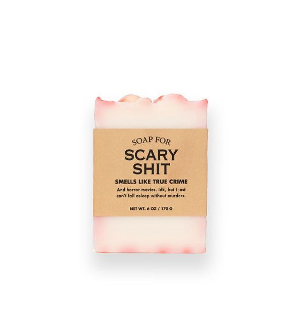 White bar of Soap for Scary Shit (Smells Like True Crime) is tinged with red and wrapped in brown paper with black lettering