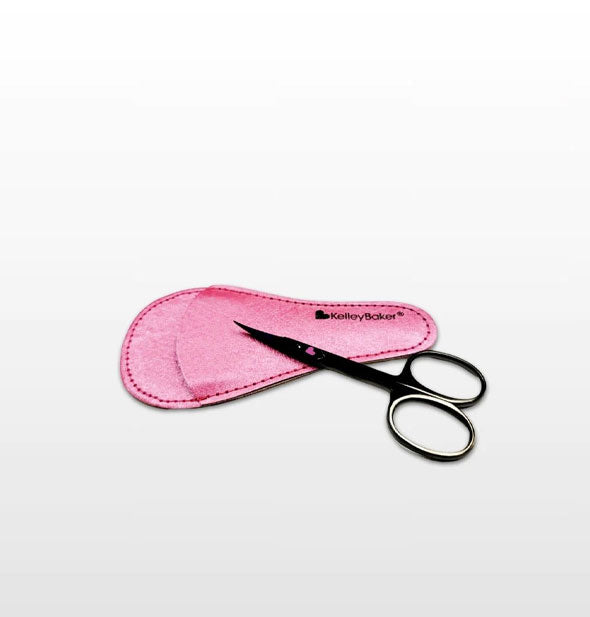 Small dark metallic cosmetic scissors with pink shimmery Kelley Baker storage case
