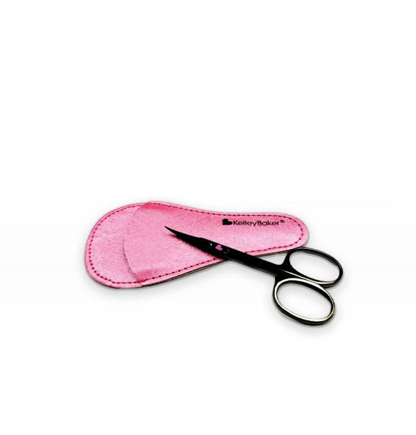 Small dark metallic cosmetic scissors with pink shimmery Kelley Baker storage case