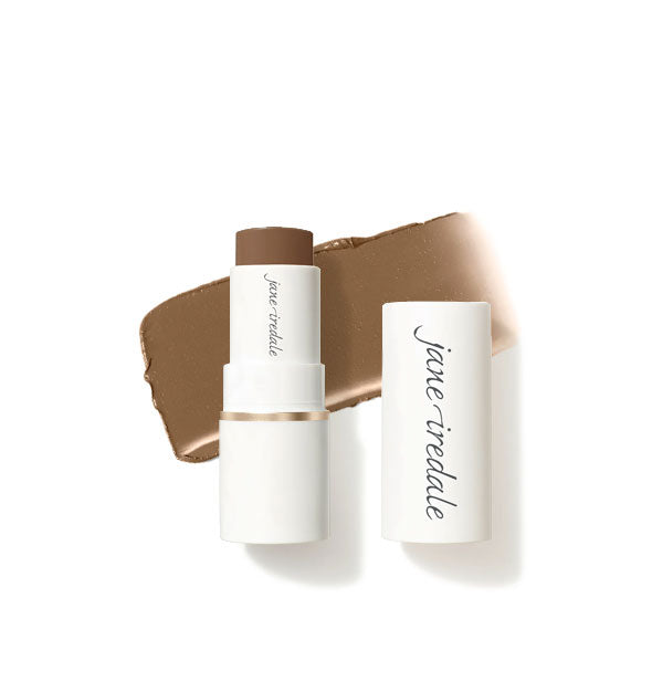 White tube of Jane Iredale Glow Time Bronzer Stick with cap removed and enlarged sample product application behind in shade Scorch