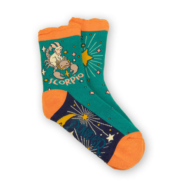 Pair of Scorpio socks by Powder feature astrology-themed scorpion and bunny design