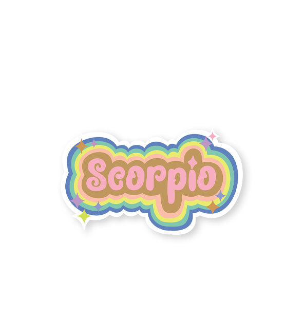 Scorpio sticker with colorful striped border and star accents