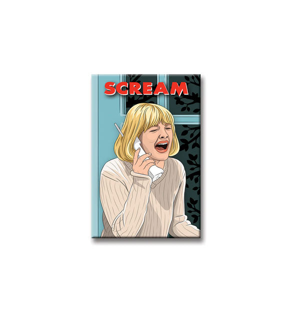 Rectangular magnet features illustration of Drew Barrymore as Casey Becker in the movie Scream (printed at top in red) crying on the phone