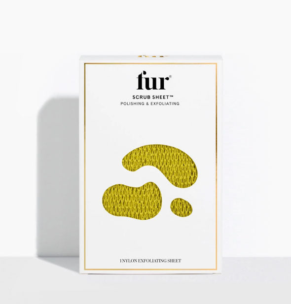 Fur Scrub Sheet Nylon Exfoliating Sheet box with yellow textured material partially visible through droplet-shaped holes in packaging