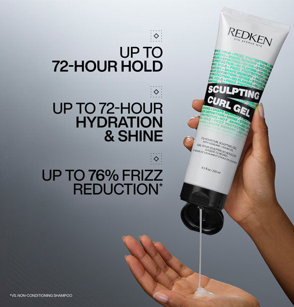 Model dispenses Redken Sculpting Curl Gel into palm of hand alongside the caption, "Up to 72-hour hold; Up to 72-hour hydration & shine; Up to 76% frizz reduction"