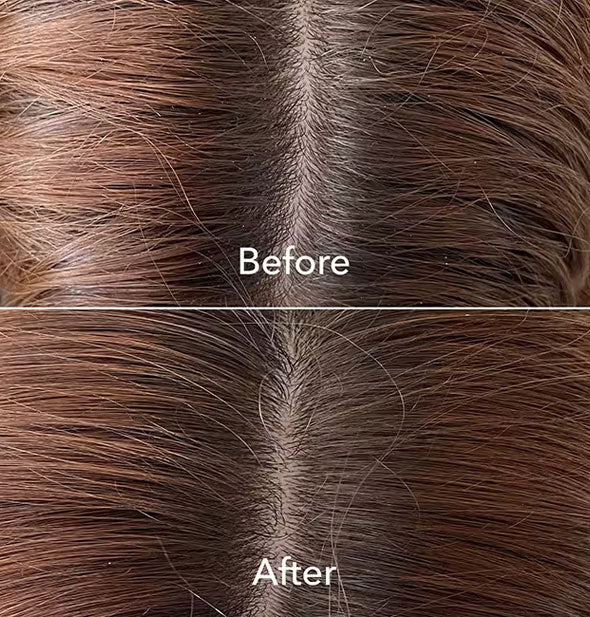 Side-by-side comparison of a closeup of a model's hair part before and after using Bumble and bumble Seaweed Whipped Scalp Scrub