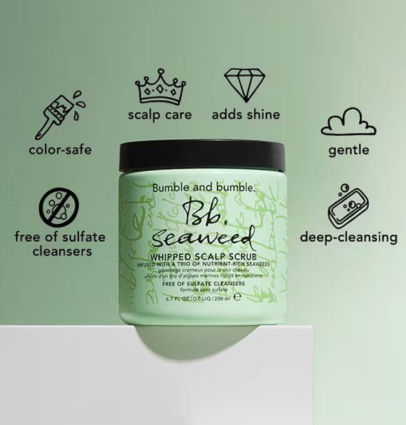 Tub of Bumble and bumble Seaweed Whipped Scalp Scrub is labeled with its benefits accented by infographics: Free of sulfate cleansers, color-safe, scalp care, adds shine, gentle, deep-cleansing