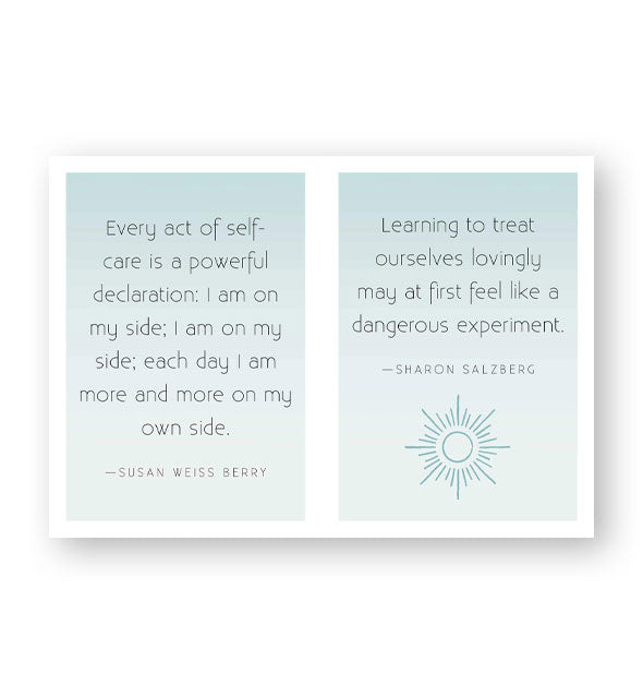 Page spread from Self Care: Meditations & Inspirations features quotes by Susan Weiss Berry and Sharon Salzberg