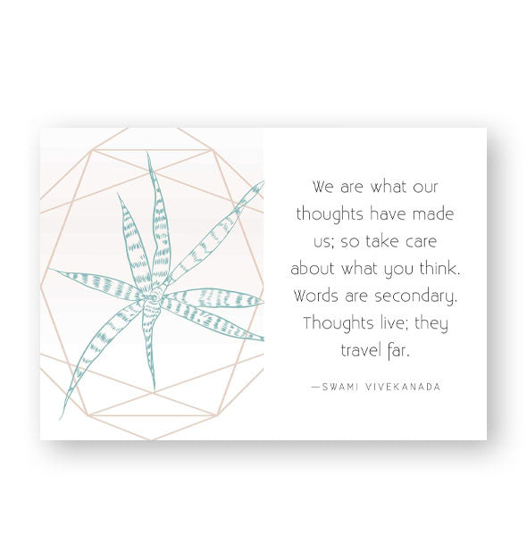 Page spread from Self Care: Meditations & Inspirations features a quote by Swami Vivekanada: "We are what our thoughts have made us; so take care about what you think. Words are secondary. Thoughts live; they travel far."
