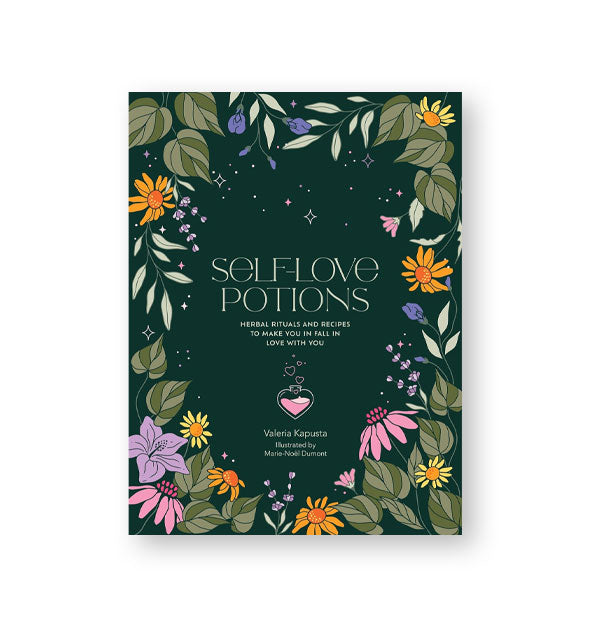 Dark green cover of Self-Love Potions features a colorful floral illustrated border
