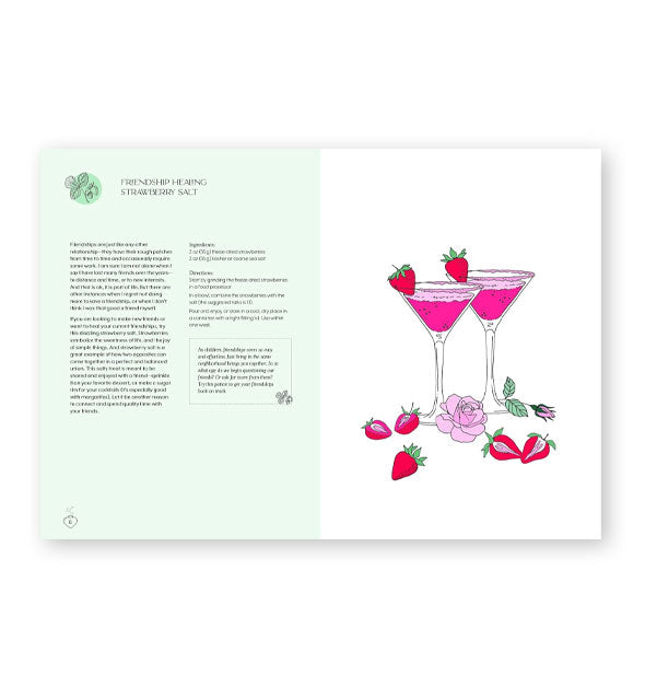 Page spread from Self-Love Potions features a section titled, "Friendship Healing Strawberry Salt" alongside brightly colored illustration