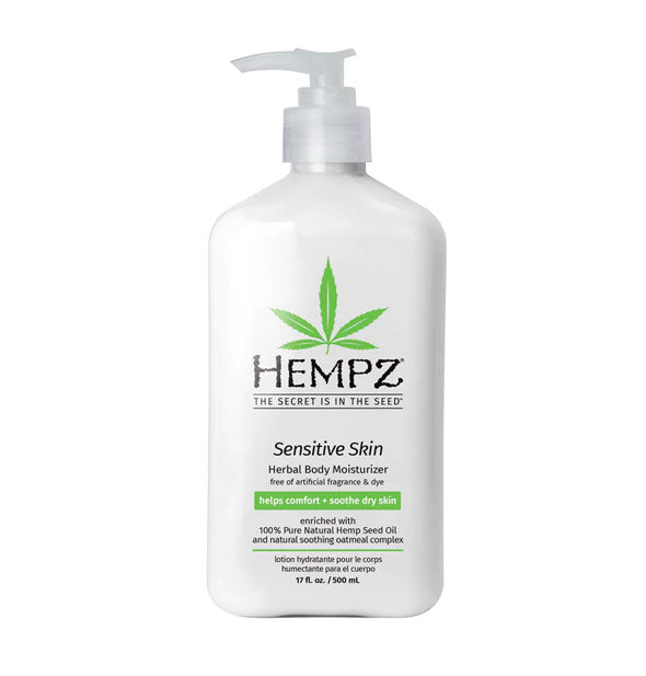 White 17 ounce bottle of Hempz Sensitive Skin Herbal Body Moisturizer with black and green lettering and design accents