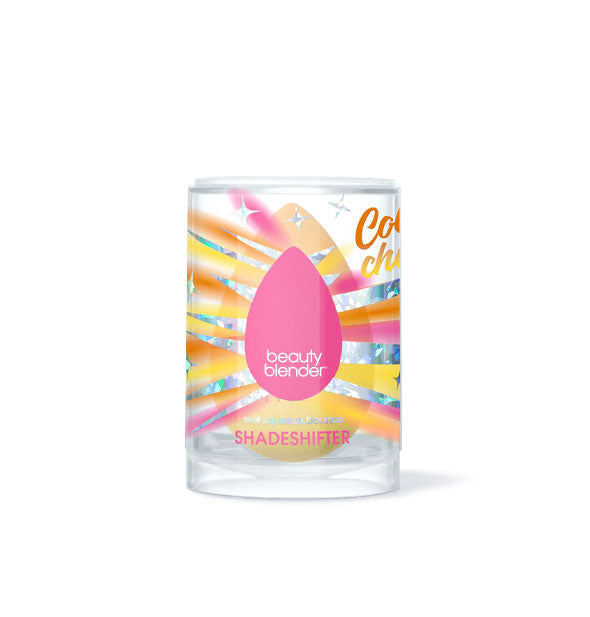 Beautyblender ShadeShifter makeup sponge in mostly clear packaging with radiating pink and yellow color bands