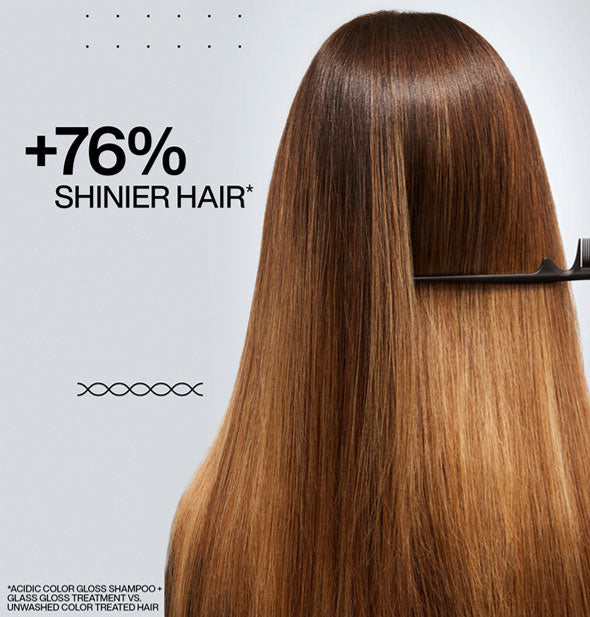 The back of a model's hair with pick end of a comb held against half of it is captioned, "+76% shinier hair"