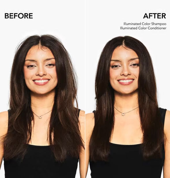Side-by-side comparison of model's hair before and after using Bumble and bumble Illuminated Color Shampoo and Conditioner