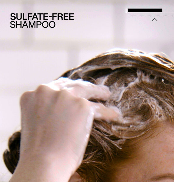 Model lathers shampoo into wet hair below the caption, "Sulfate-free shampoo"