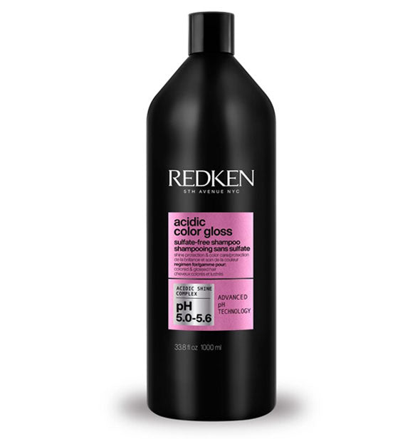 Black 33.8 ounce bottle of Redken Acidic Color Glos Sulfate-Free Shampoo with pinkish-purple label