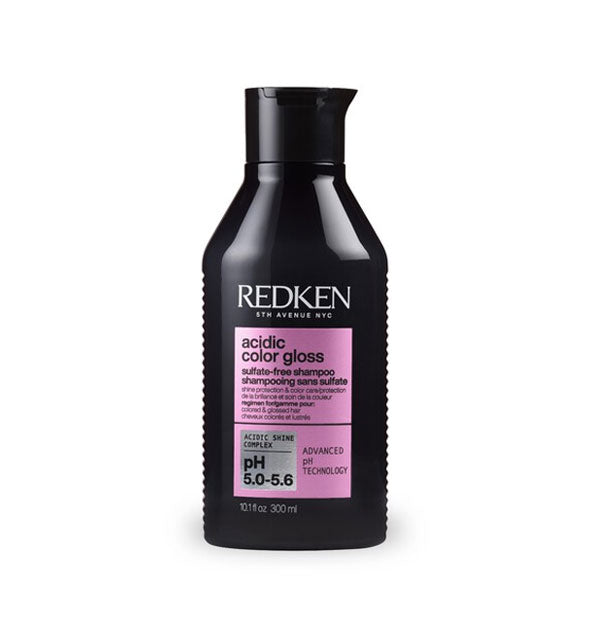 Black 10.1 ounce bottle of Redken Acidic Color Glos Sulfate-Free Shampoo with pinkish-purple label
