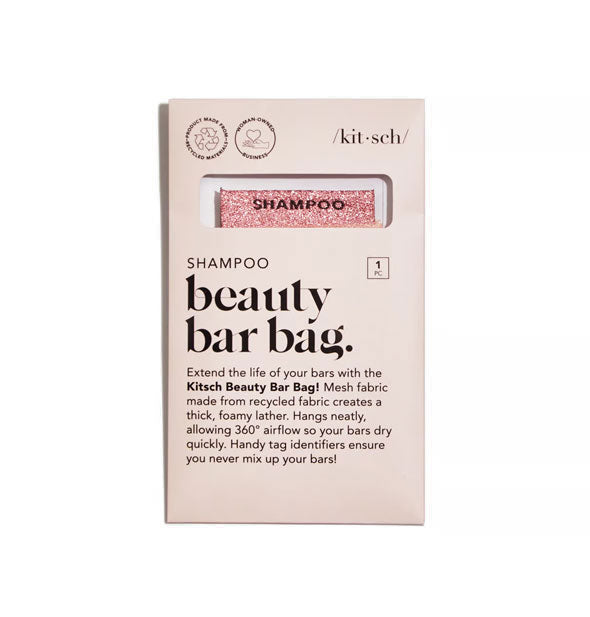 Light pink packet containing a Kitsch Shampoo Beauty Bar Bag, the sparkly pink tag of which is visible through a window in the packaging