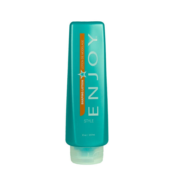 Blue-green 8 ounce bottle of Enjoy Shaping Lotion with orange stripe accent
